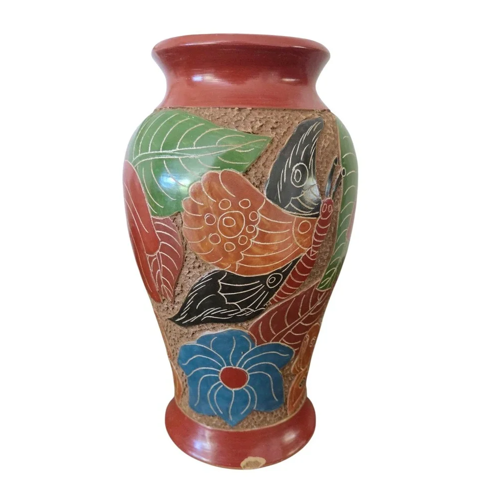 Nicaragua Clay Pottery Vase Handmade Carved Butterflies Tropical Textured Raised